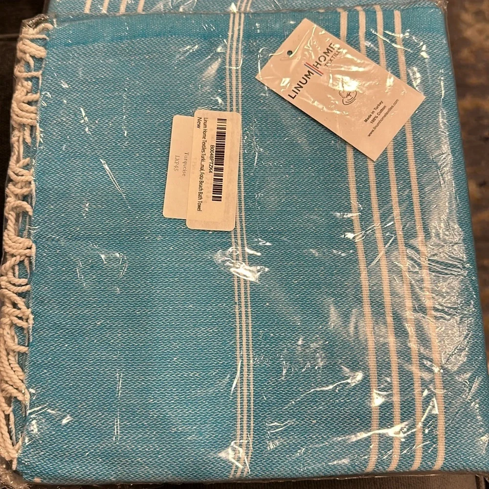 Linum Home 100% Turkish Cotton Lucky‎ Pestemal Beach Towel Turquoise Fringe NWT